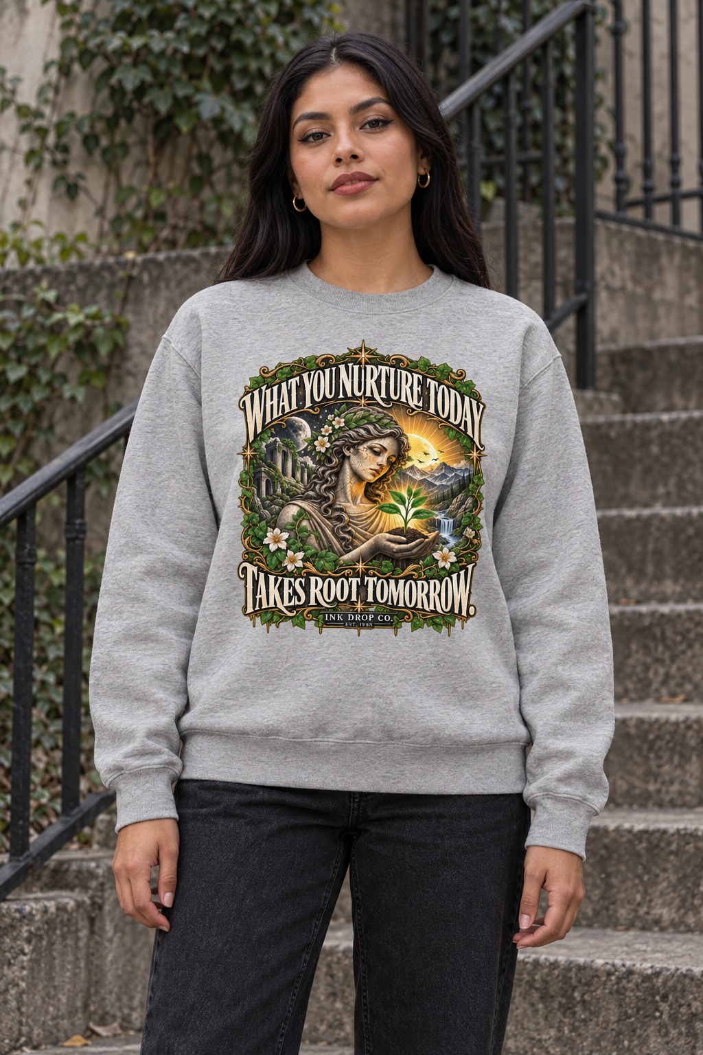 Unisex crewneck sweatshirt, heather gray with front “What You Nurture Today” graphic