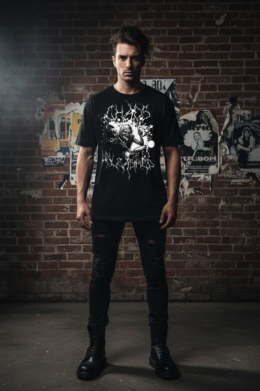 Men's black graphic crew-neck t-shirt with distressed white skull-style print