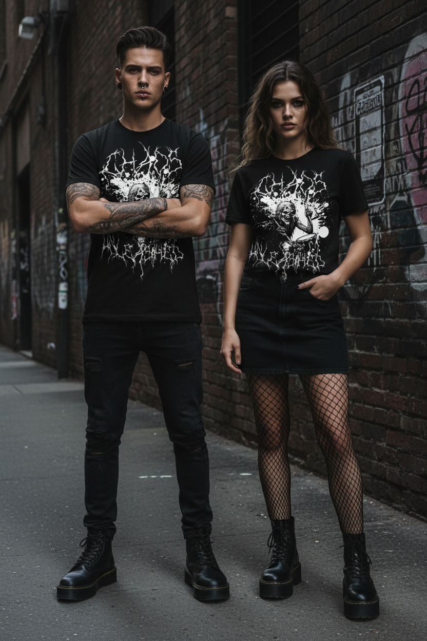 Black unisex graphic T-shirt with large distressed chest print