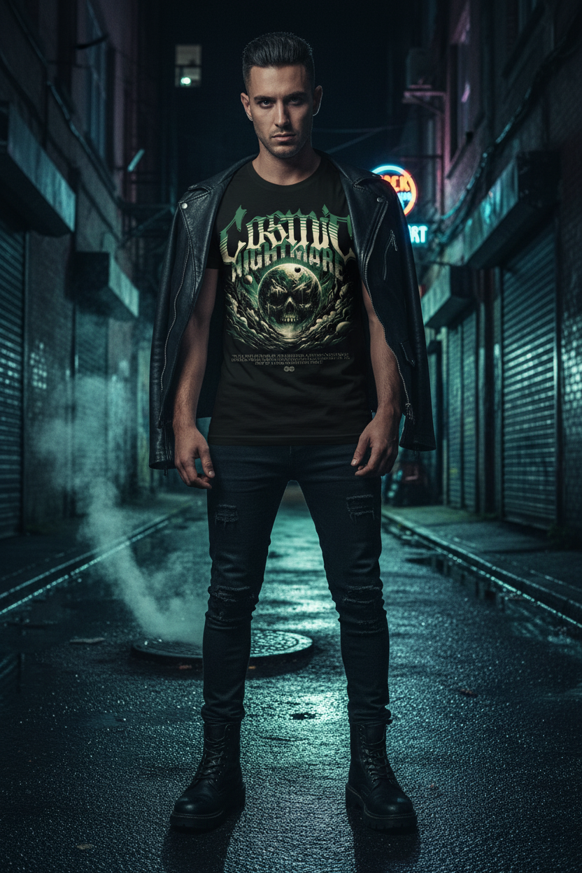Men's black graphic t-shirt with green cosmic skull logo, worn by model
