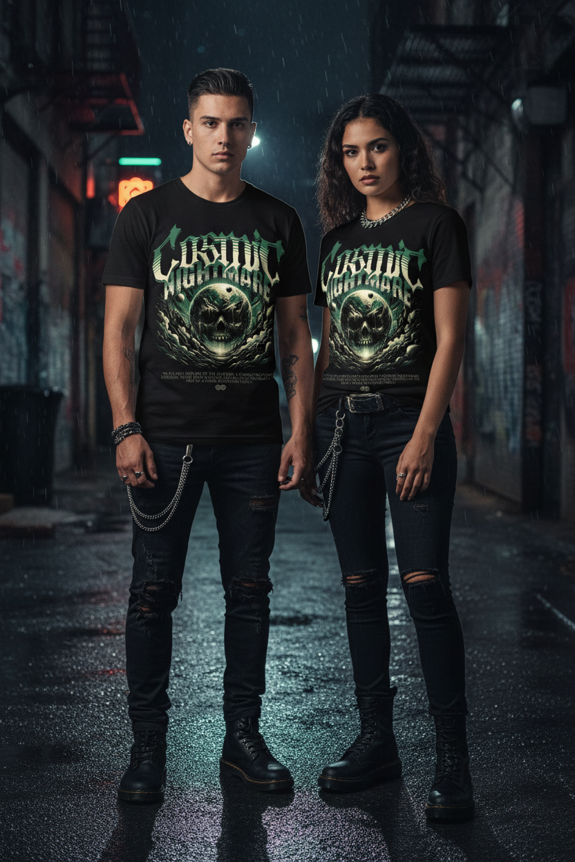 Unisex black graphic T-shirt with green skull and text print, short sleeves