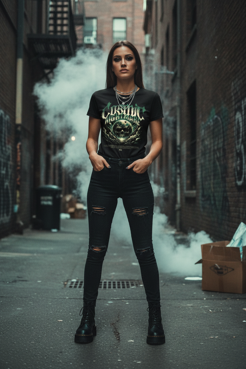 Military green women’s graphic t-shirt with large cosmic nightmare print, short sleeves
