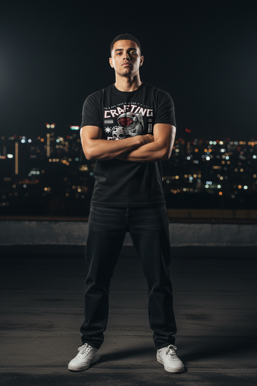 Men's graphic T-shirt in black on model, front galaxy craft print
