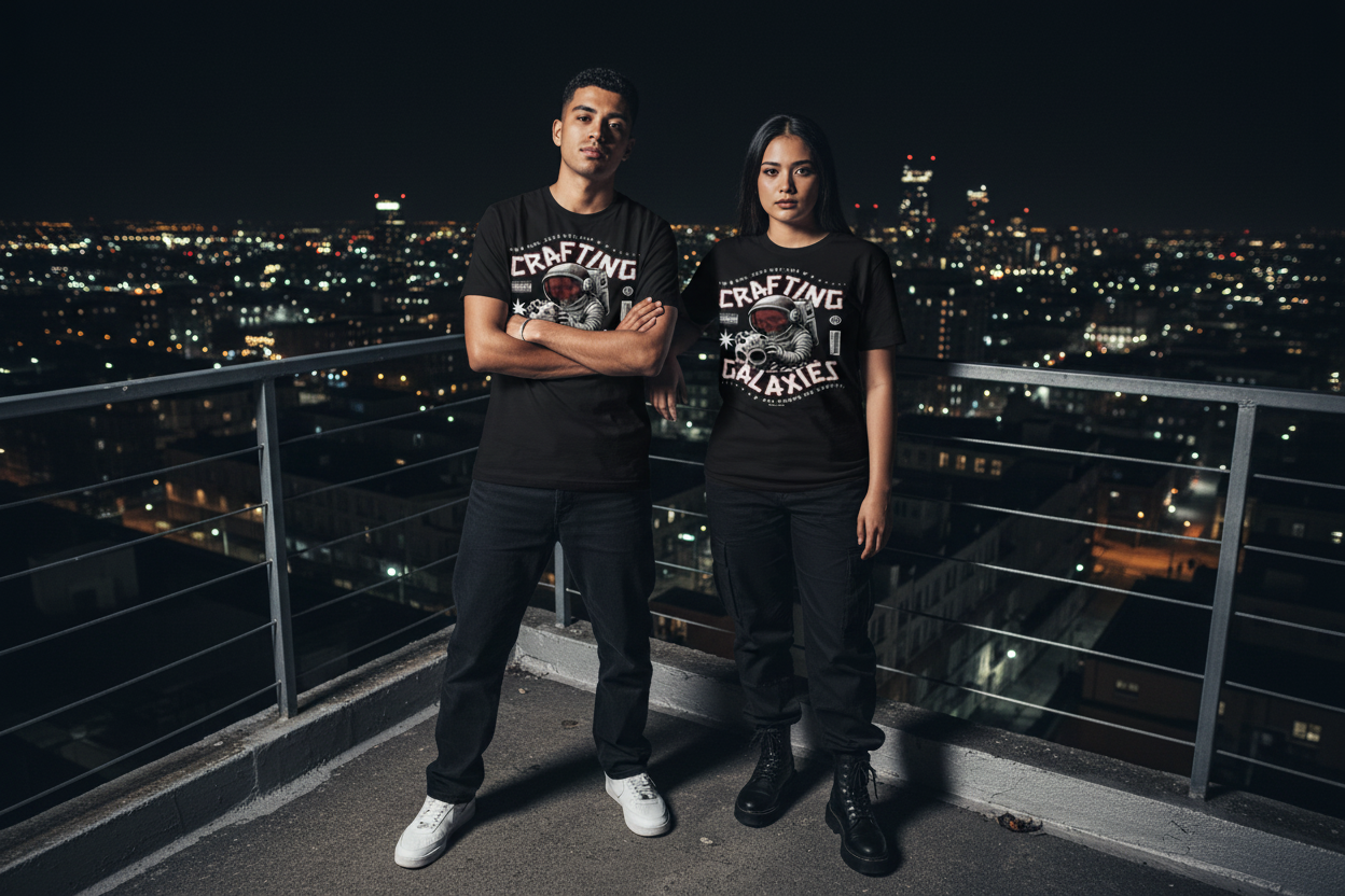 Two people wearing black graphic T-shirts with astronaut and galaxy logo print