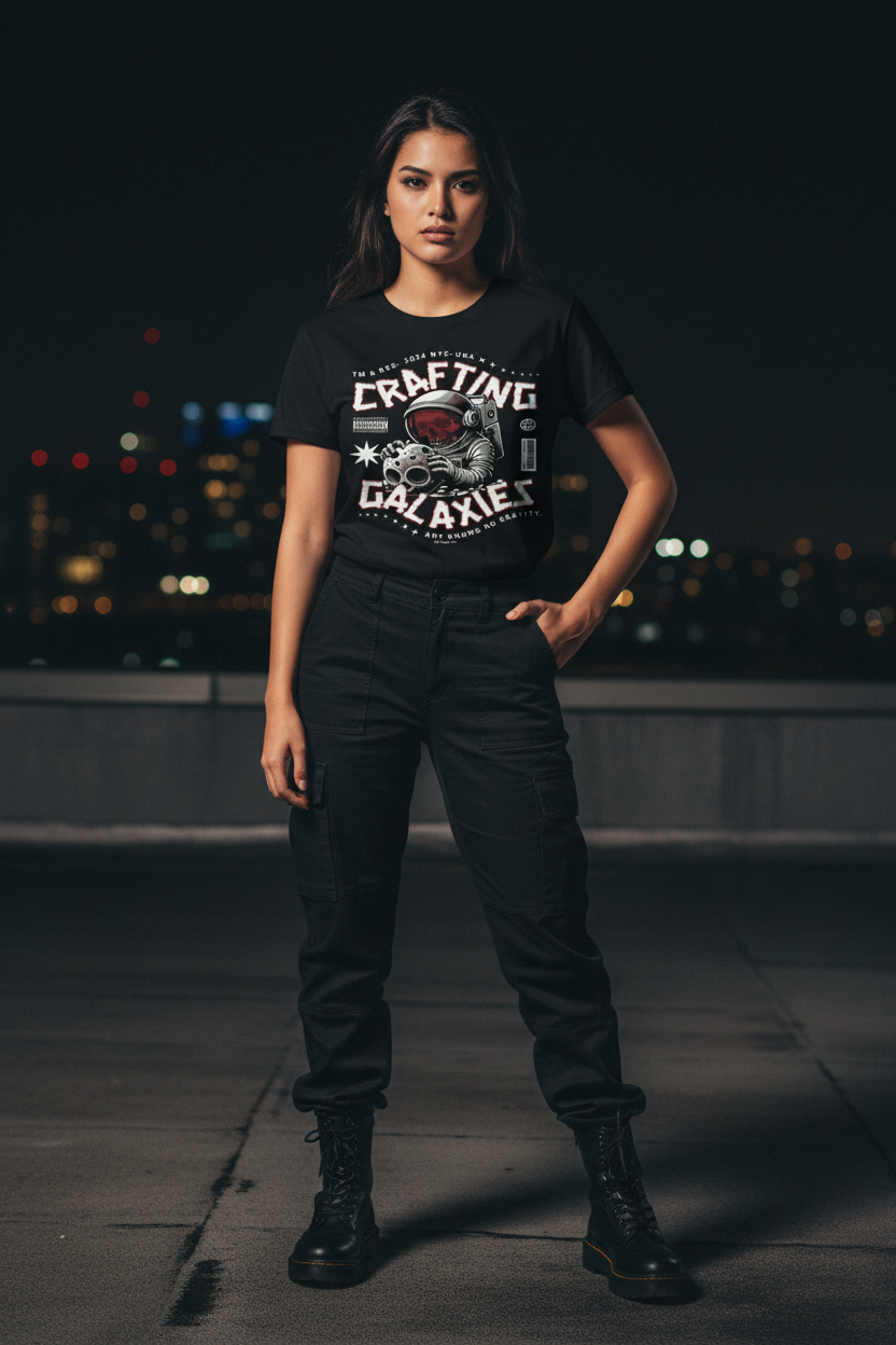 Women’s black graphic T-shirt with crew neck, short sleeves, and front galaxy print
