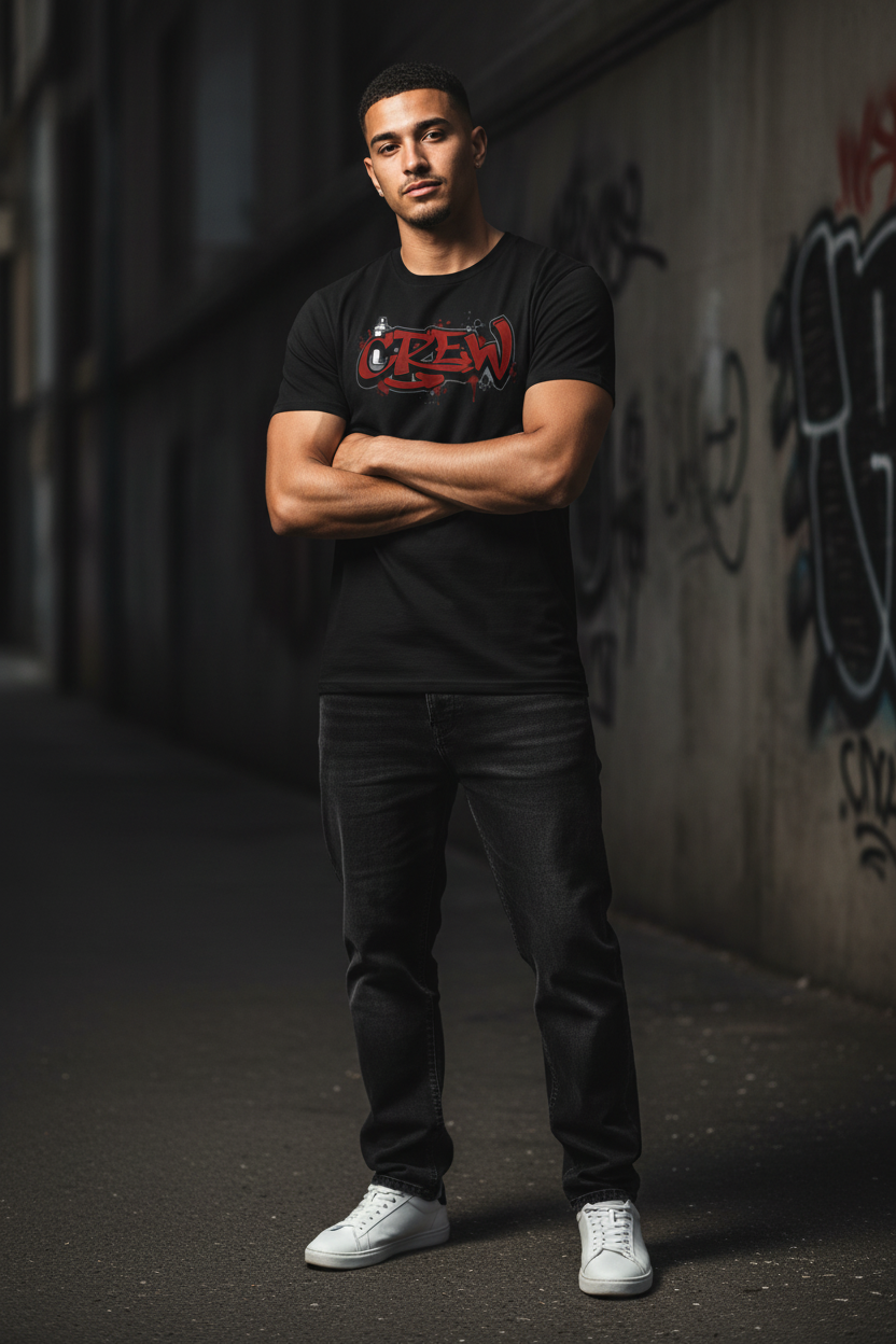 Men's crew-neck T-shirt, black with red CREW graphic on front