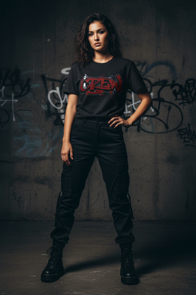 Black crew-neck graphic T-shirt on model, front view.