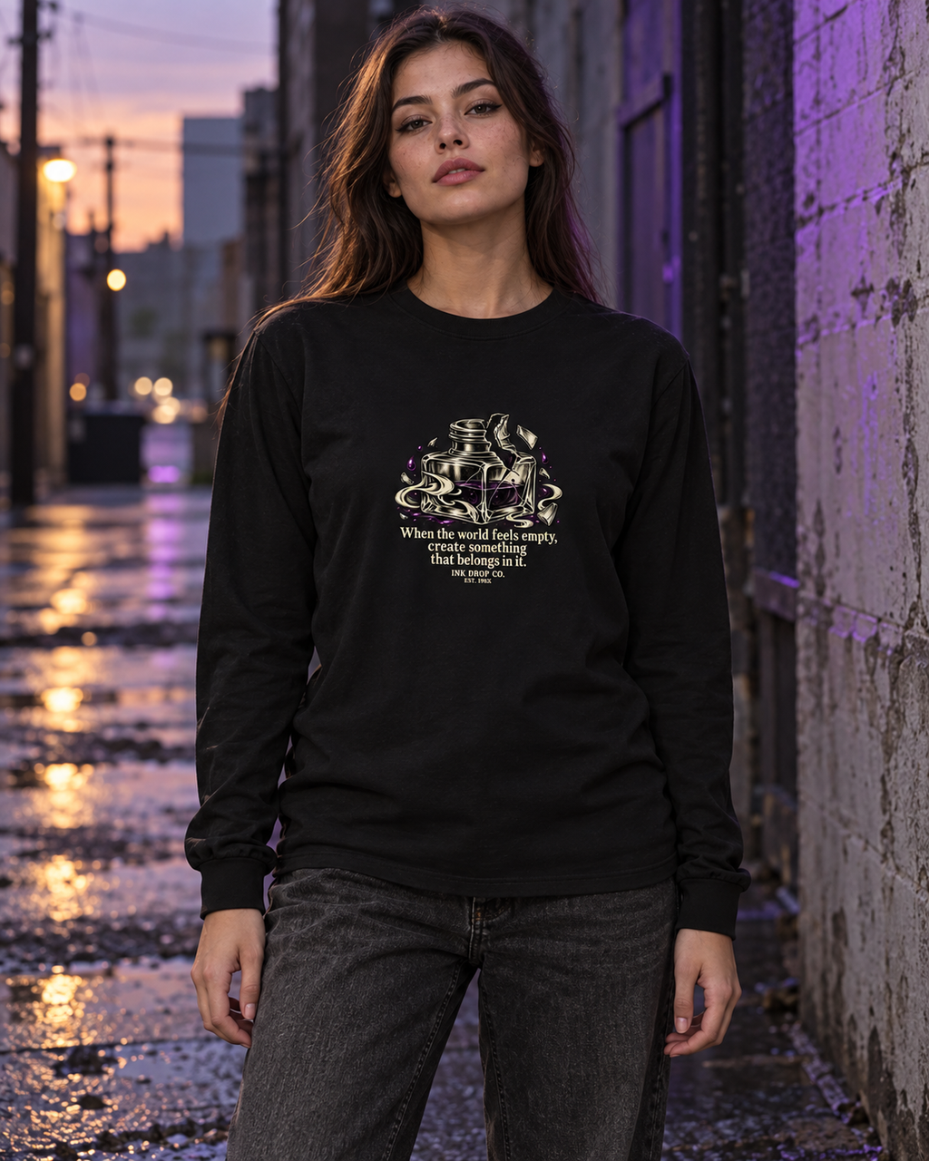Black unisex long-sleeve graphic tee with crew neck and printed chest design