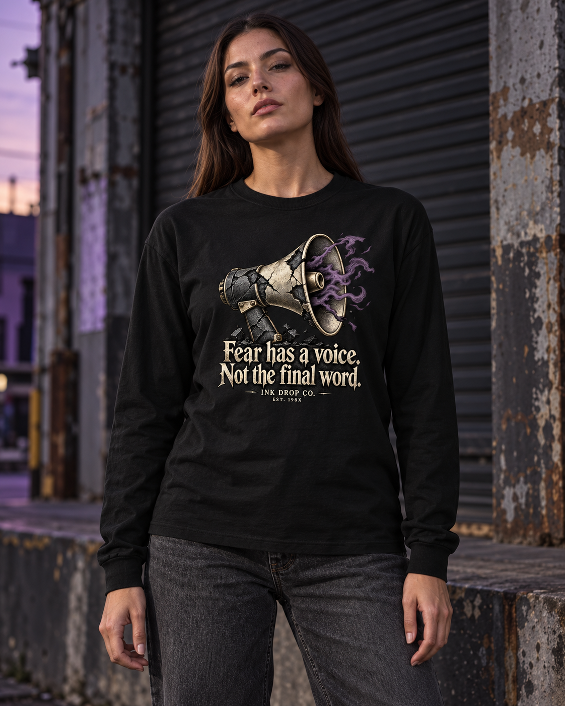 Black unisex long-sleeve crewneck tee with megaphone graphic worn by woman outdoors