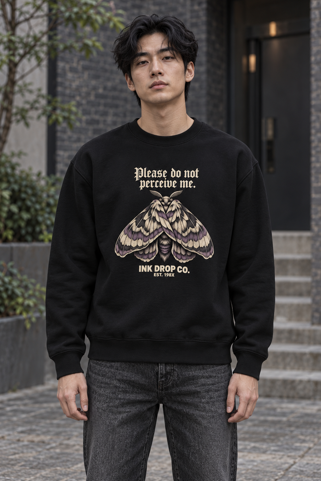 Black unisex crewneck sweatshirt with large chest graphic, long sleeves