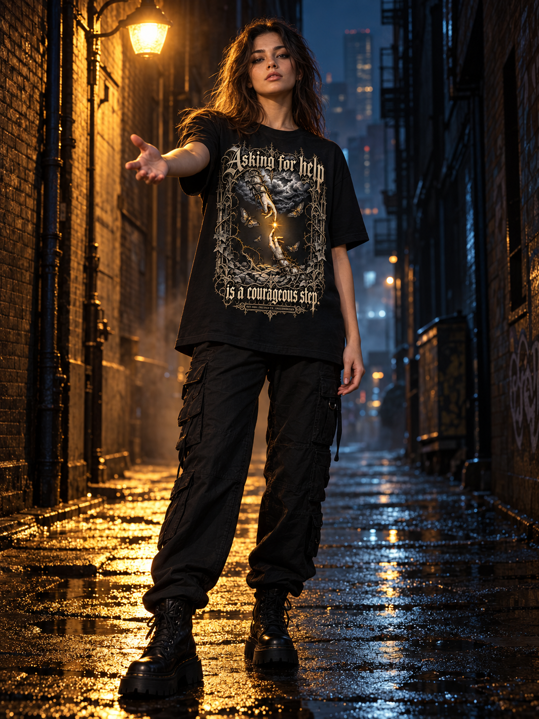 Black unisex graphic tee, front dragon moon graphic with decorative lettering