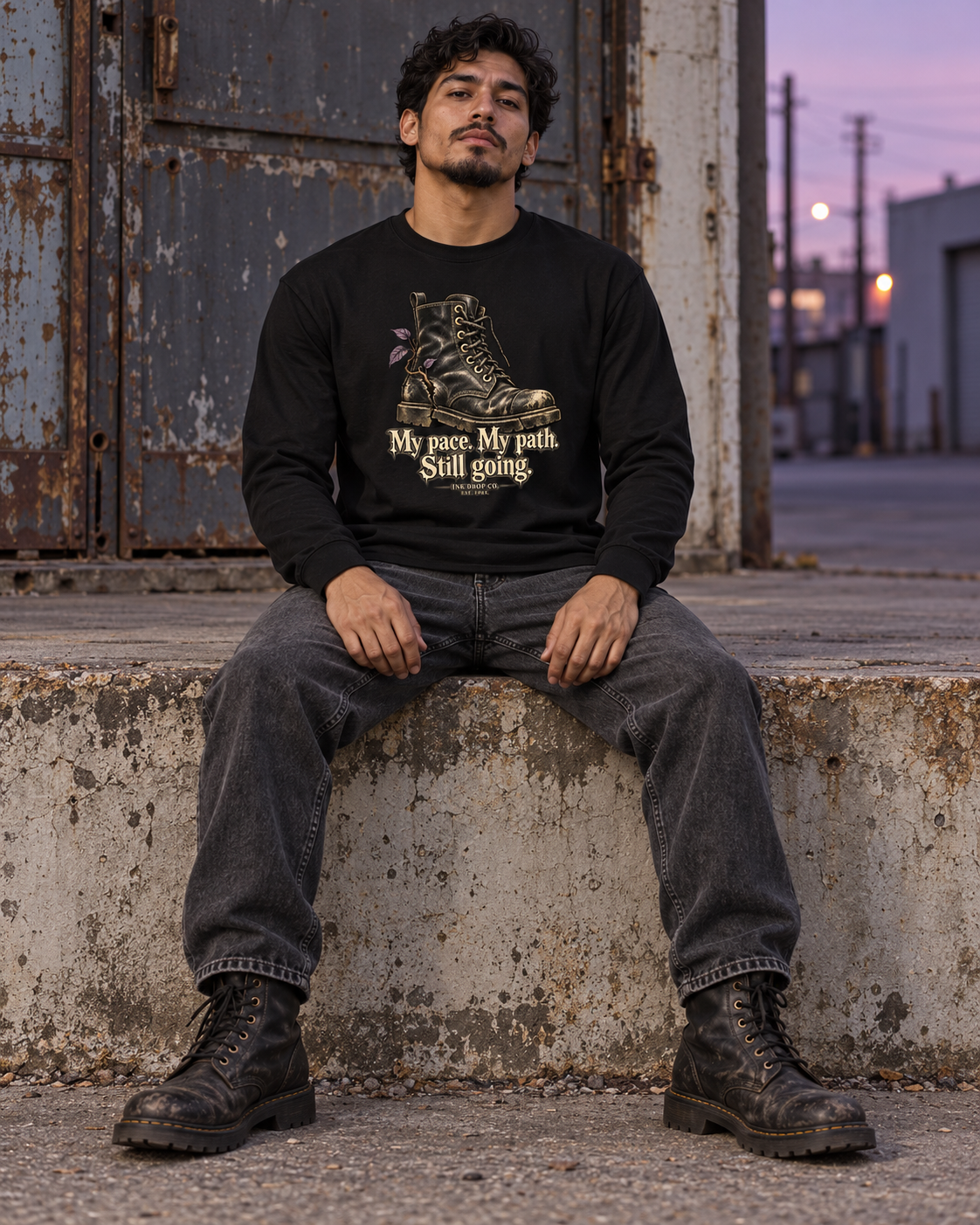 Unisex black long sleeve graphic tee, model wearing boot graphic and 'My pace. My path.'