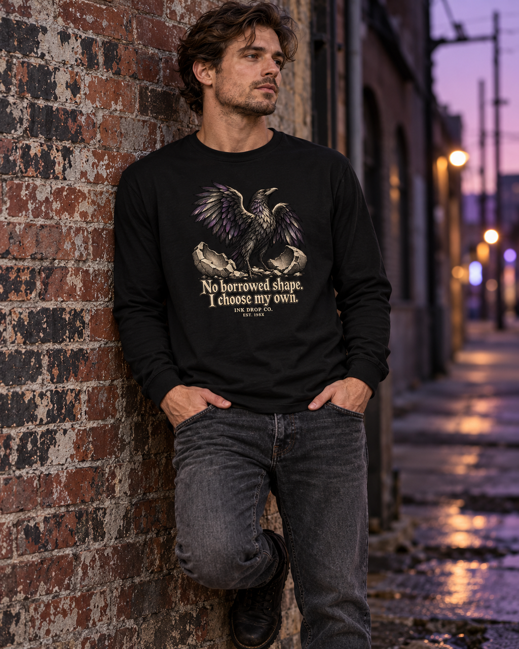Black unisex long-sleeve graphic tee on model, front eagle quote design.