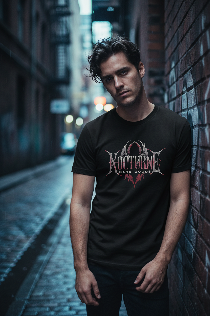 Men's black graphic t-shirt on model with Nocturne Dark Goods chest logo