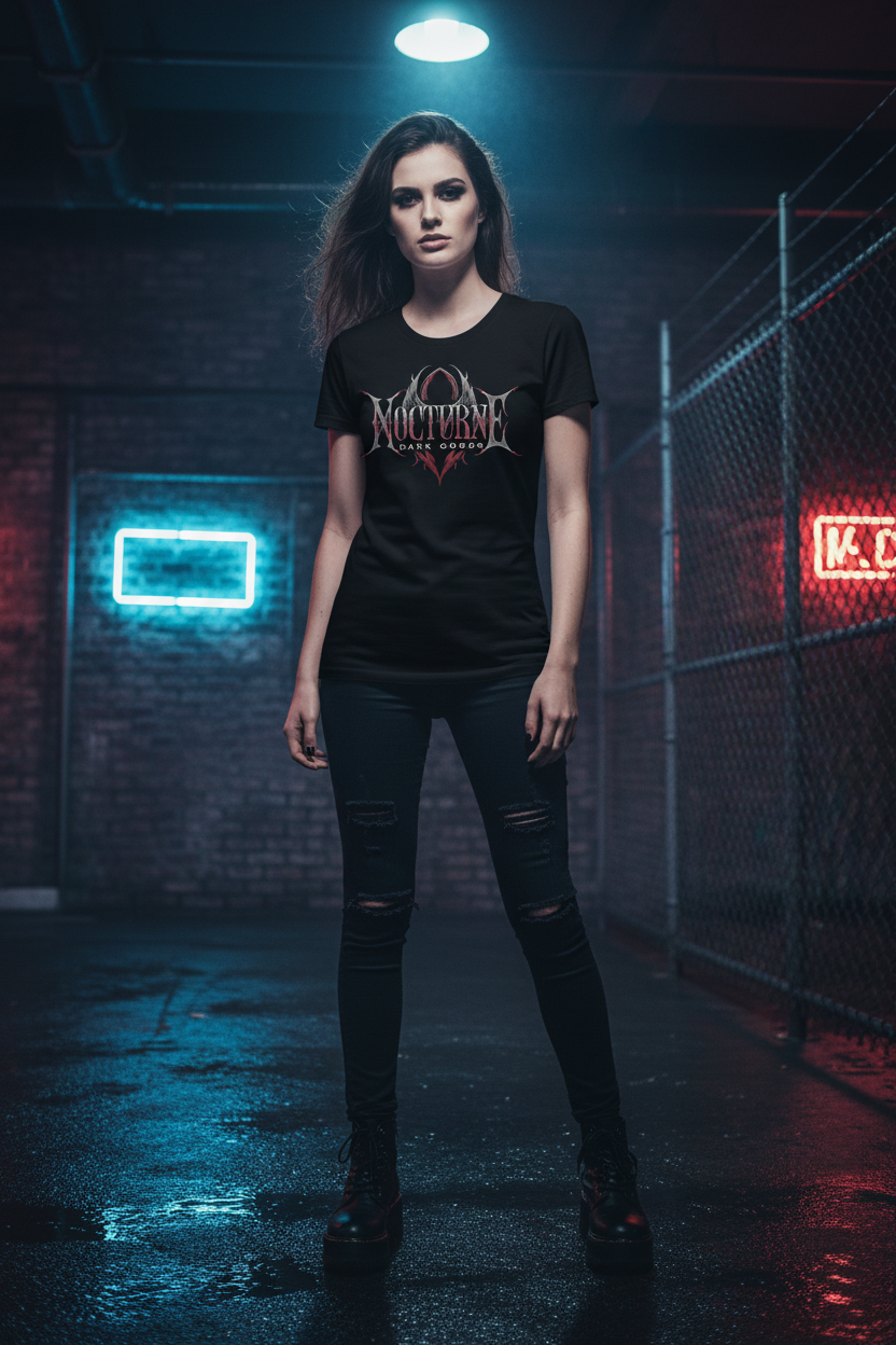 Women's black graphic t-shirt with 'Nocturna Dark Goods' chest logo on model