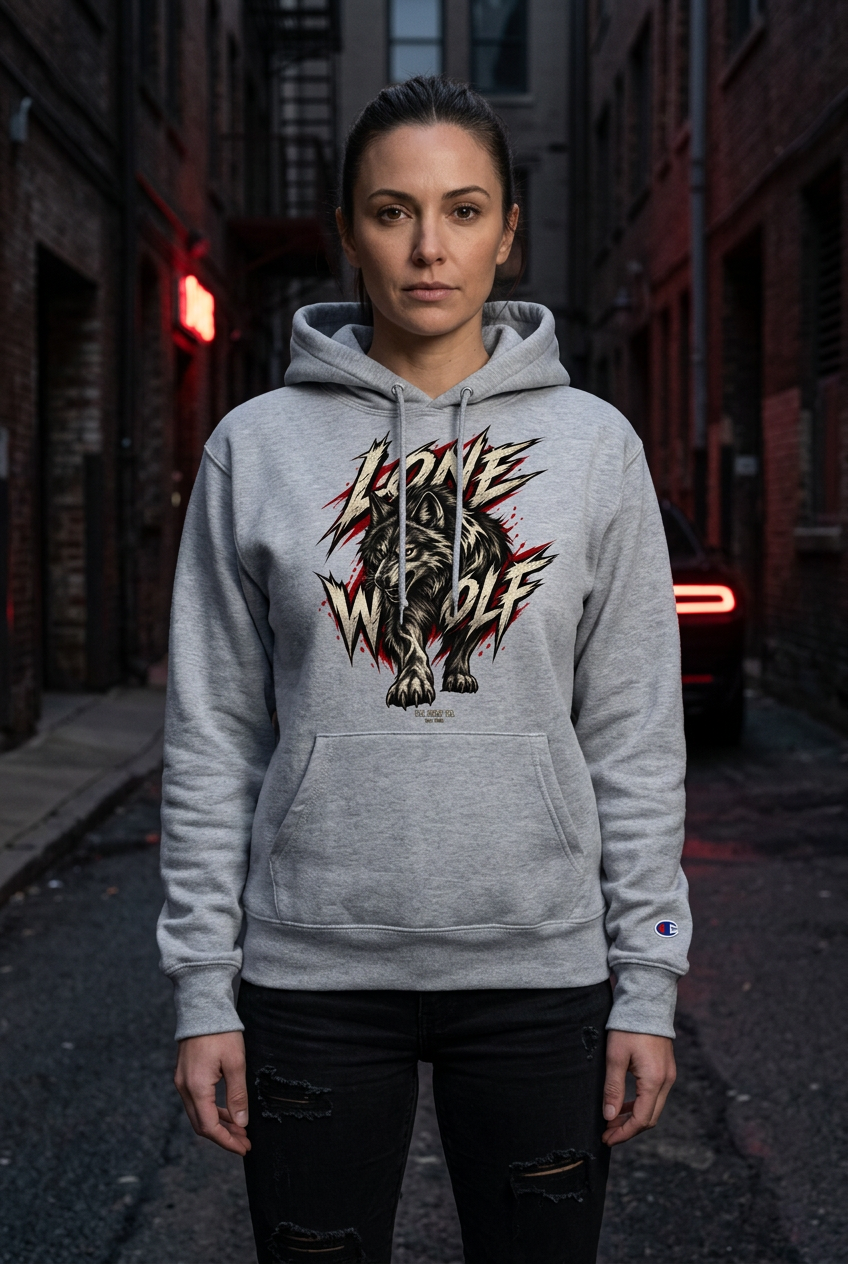 Light steel Champion hoodie with a bold Lone Wolf graphic, kangaroo pocket and ribbed cuffs