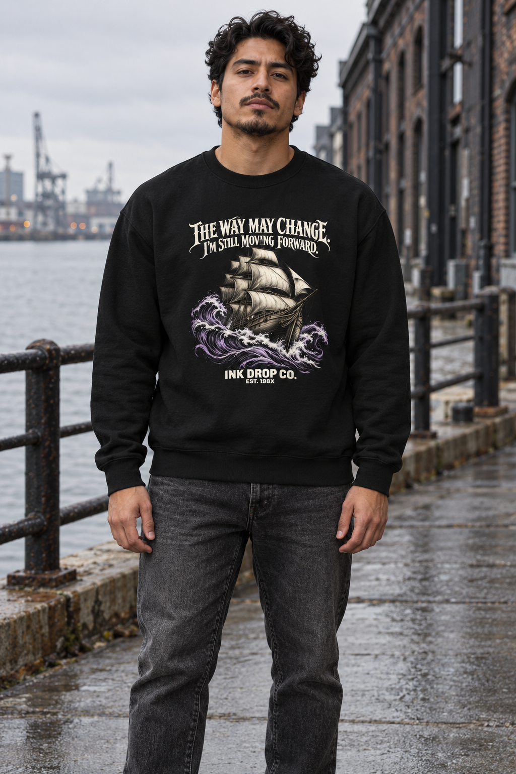 Black unisex crewneck sweatshirt with front graphic print and long sleeves