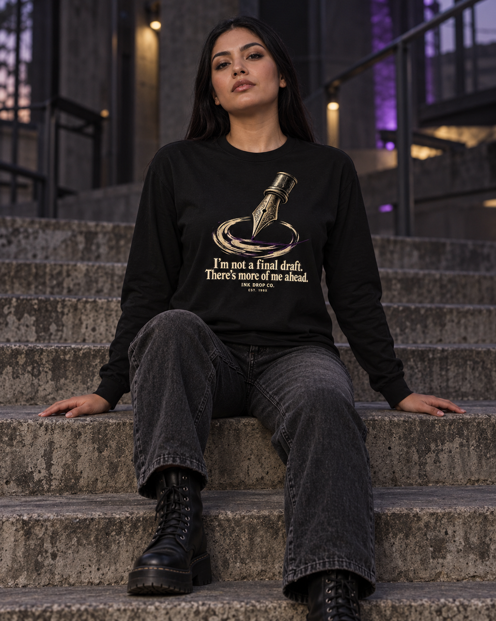 Black unisex long sleeve crewneck tee with front graphic text, worn by model