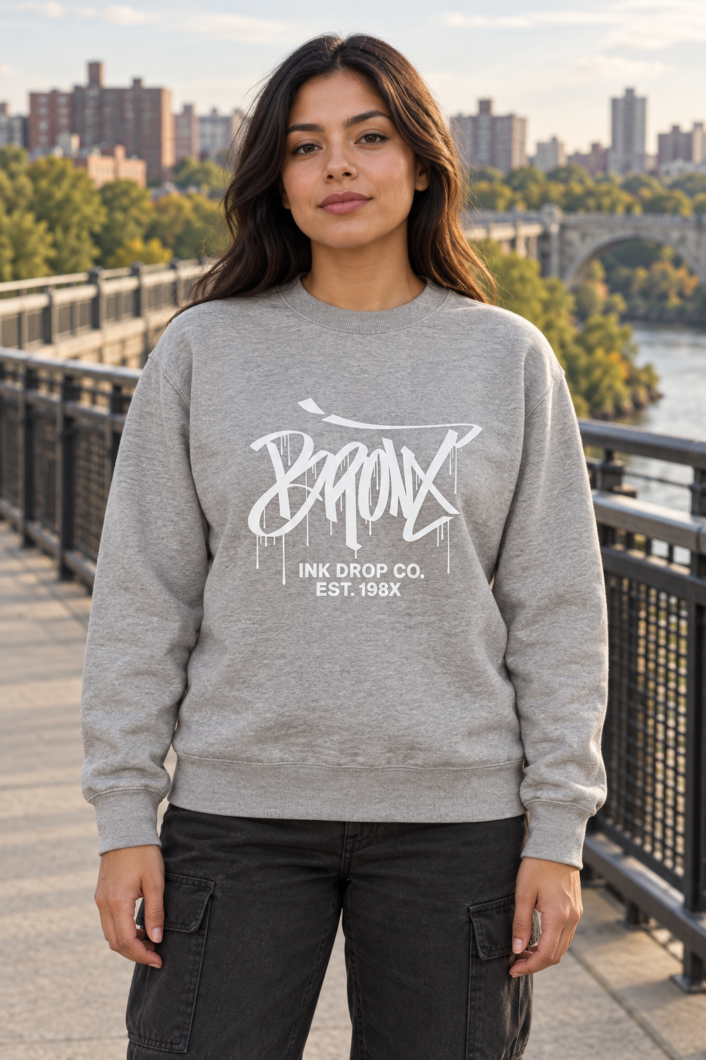 Carbon grey unisex crewneck sweatshirt with white chest logo, long sleeves, ribbed hem