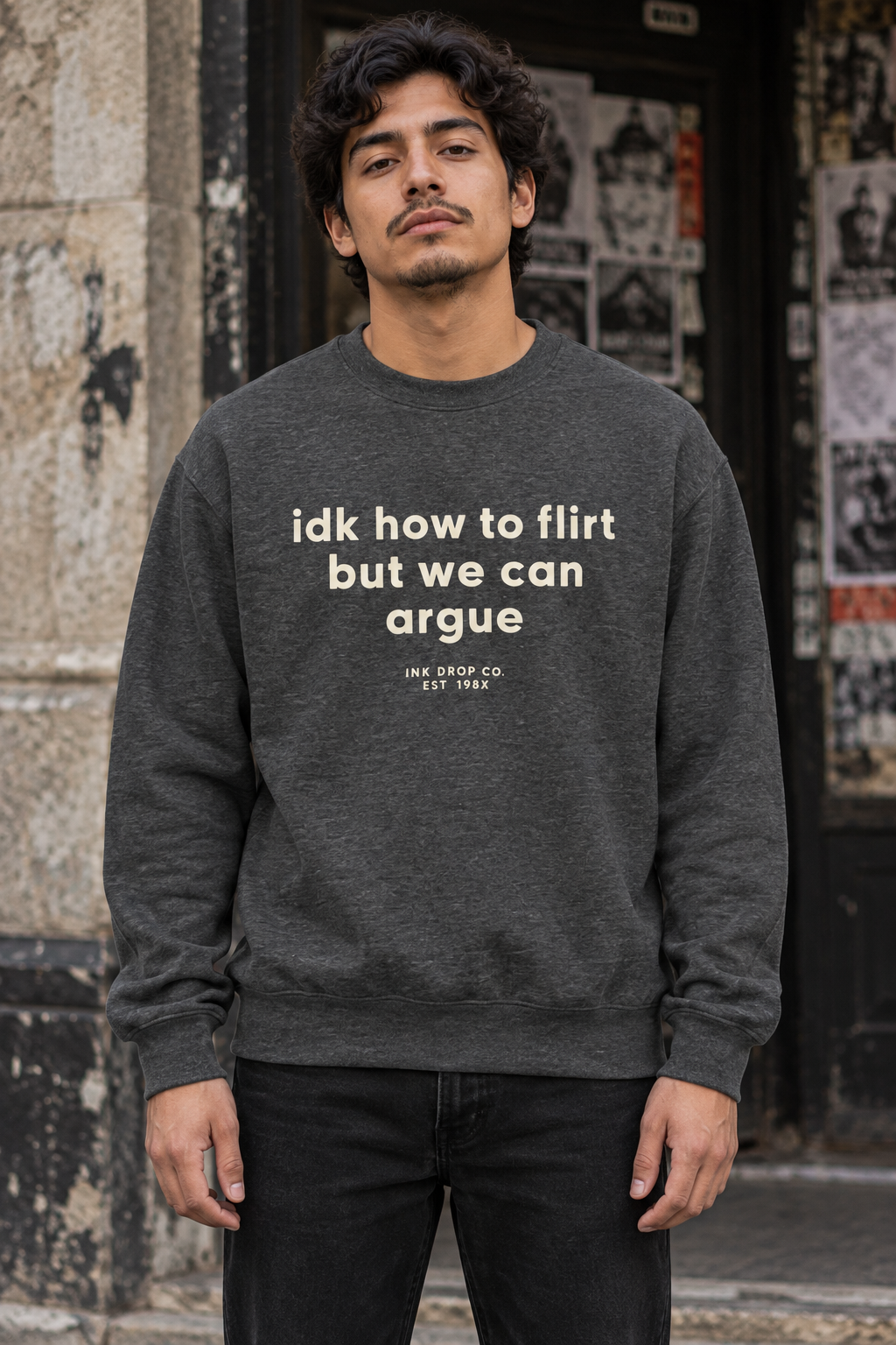 Charcoal grey unisex crewneck sweatshirt with front graphic text print