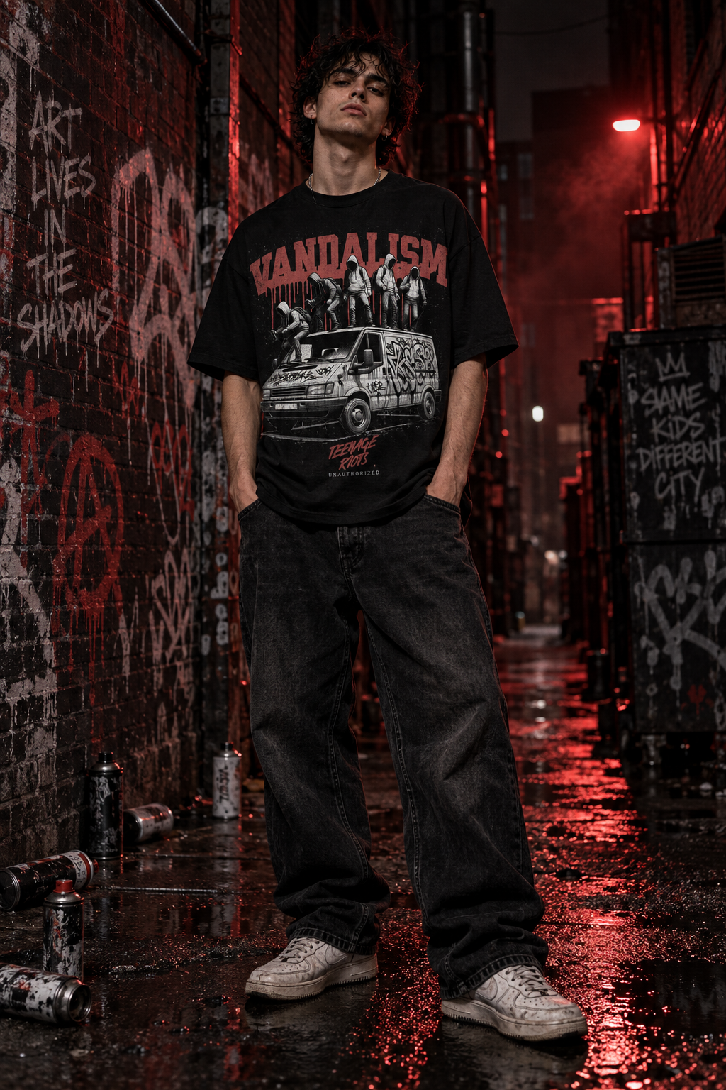 Model wearing black graphic tee with front illustration and red VANDALISM text