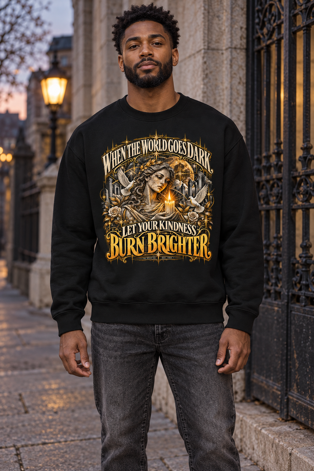 Unisex crewneck sweatshirt, black, gold graphic front print and crew neckline