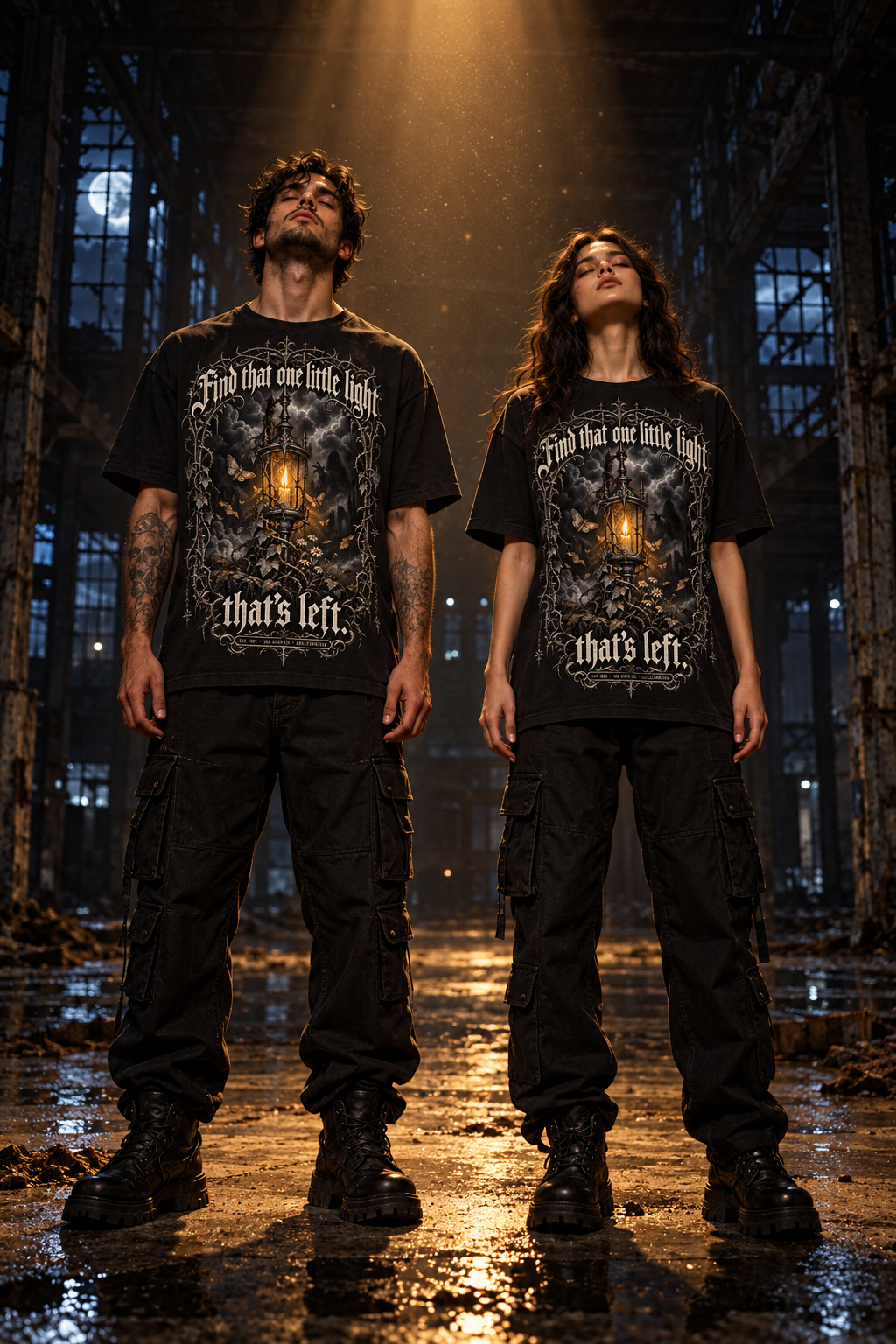 Black unisex graphic t-shirt, front lantern and text print on two models