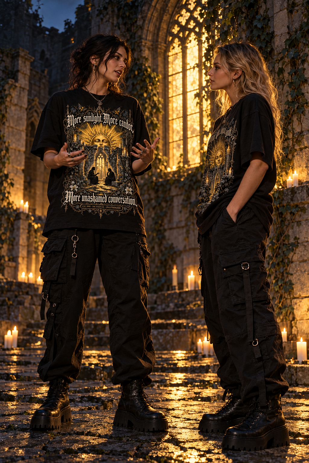 Black unisex graphic T-shirt with large front cathedral illustration print, short sleeves