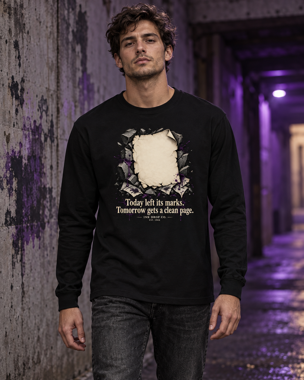 Unisex black long sleeve graphic tee on model, front view with distressed square print