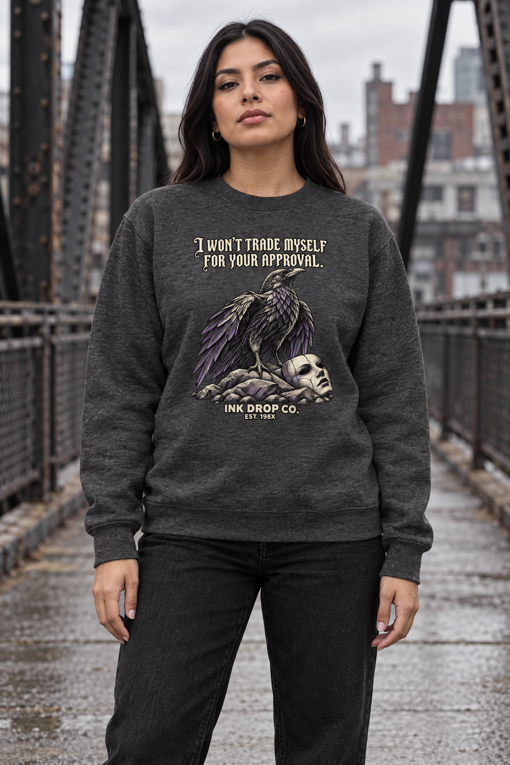 Charcoal unisex crewneck sweatshirt with typographic quote and eagle graphic