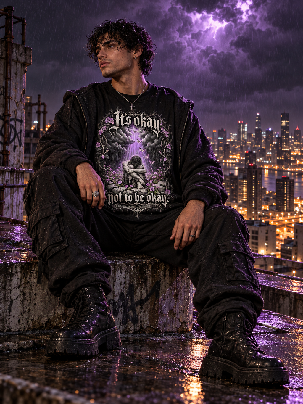 Black unisex graphic tee with front gothic angel artwork in purple light