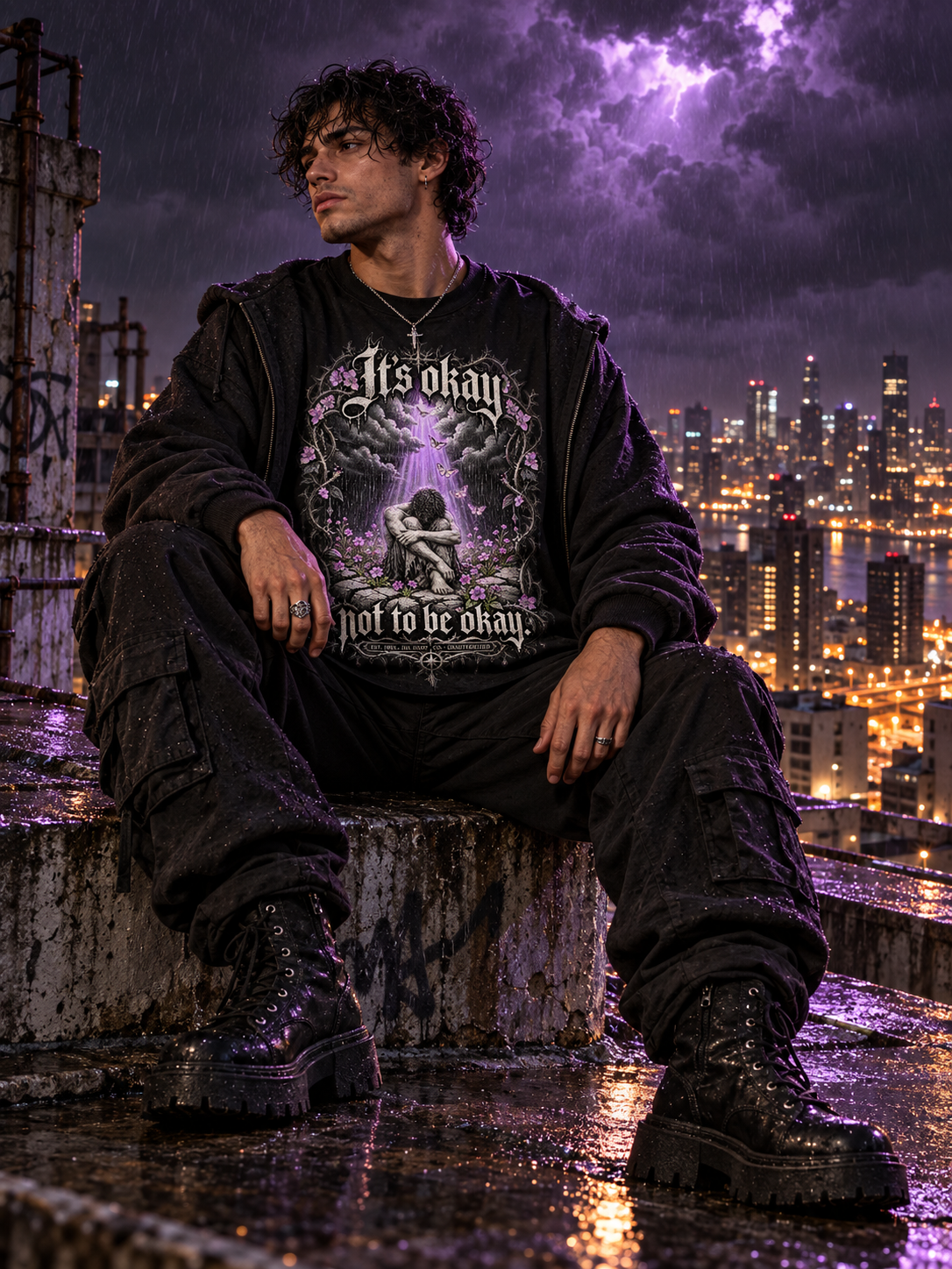 Black unisex graphic tee with front gothic angel artwork in purple light