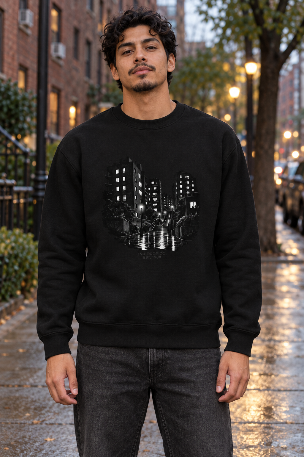 Black unisex crewneck sweatshirt with black city skyline graphic and ribbed cuffs