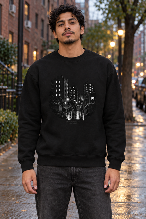 Black unisex crewneck sweatshirt with black city skyline graphic and ribbed cuffs