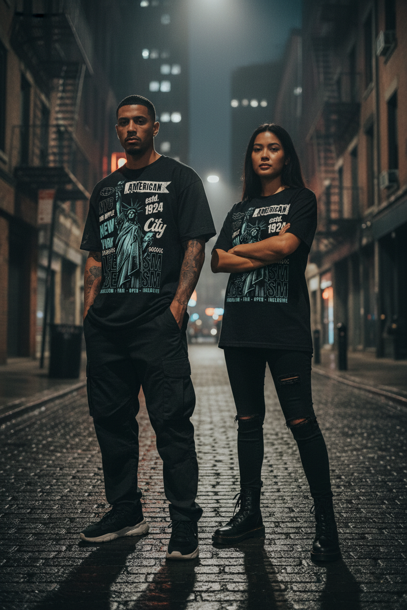 Man and woman wearing matching black NYC Liberty Graphic Tees on moody New York street with cinematic lighting