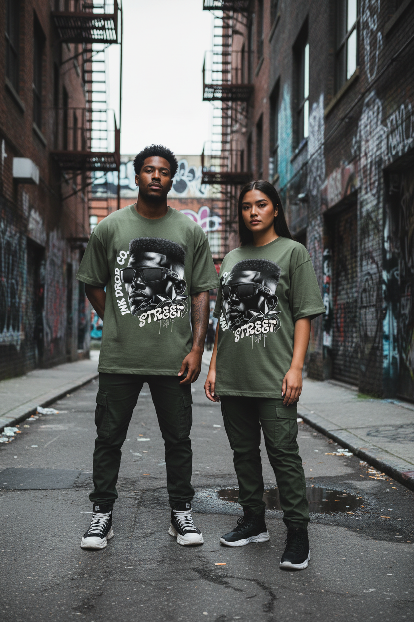 Man and woman wearing matching military green Unisex Street Portrait Graphic Tees on gritty city street