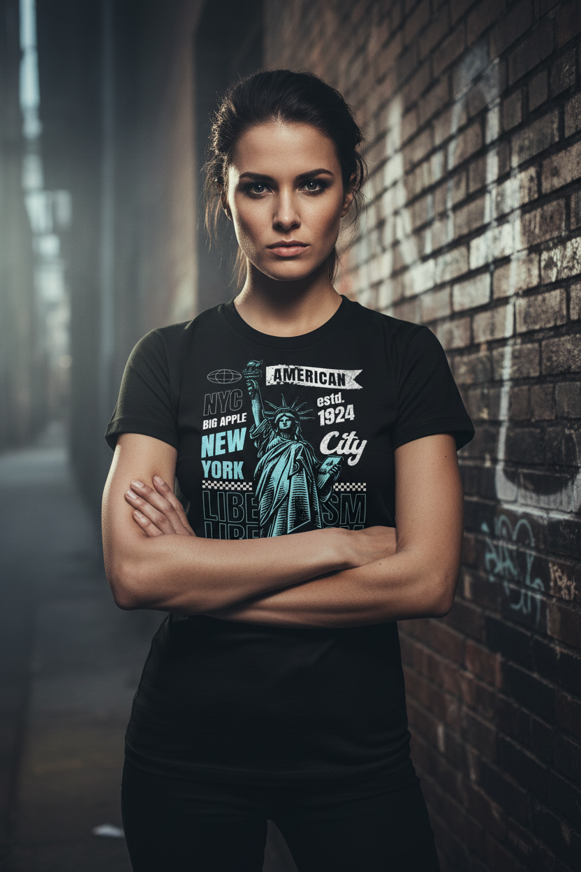 Woman wearing black NYC Liberty Graphic Tee against dark New York wall with atmospheric lighting
