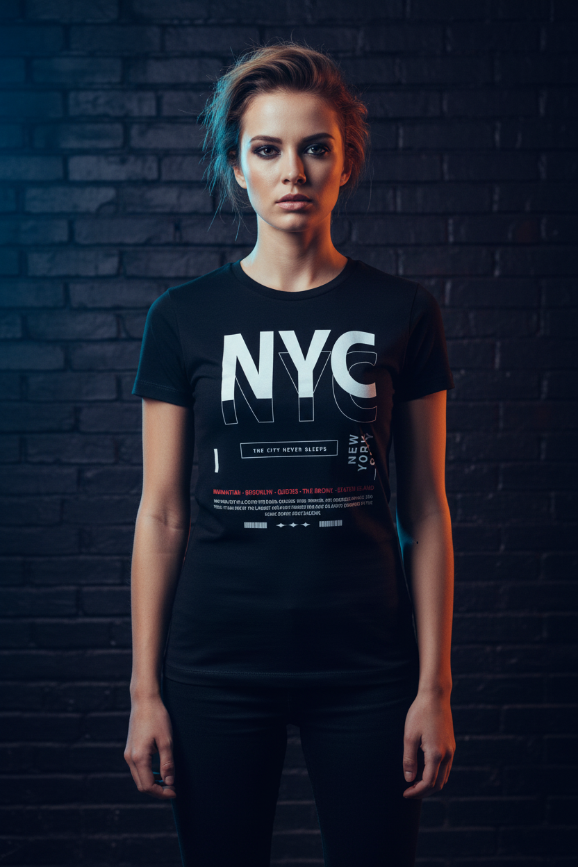 Woman wearing black NYC Never Sleeps Graphic Tee against dark New York wall with atmospheric lighting