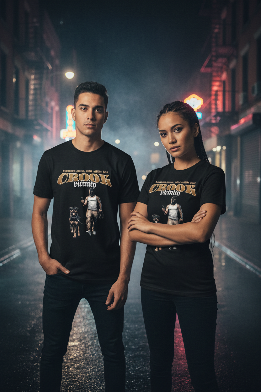 Man and woman wearing matching black Crook Vicinity Graphic Tees on moody urban street with dramatic lighting