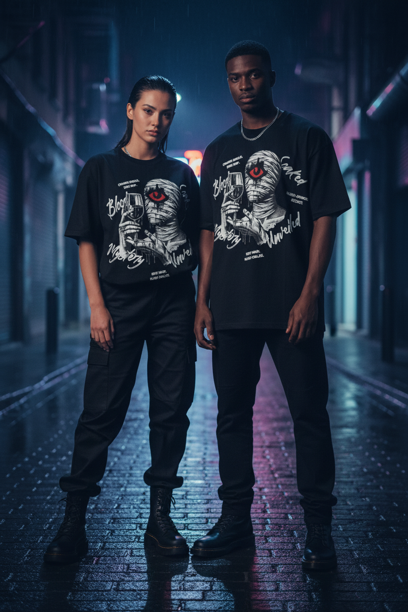 Man and woman wearing matching black Crimson Eye Graphic Tees in moody atmospheric urban setting