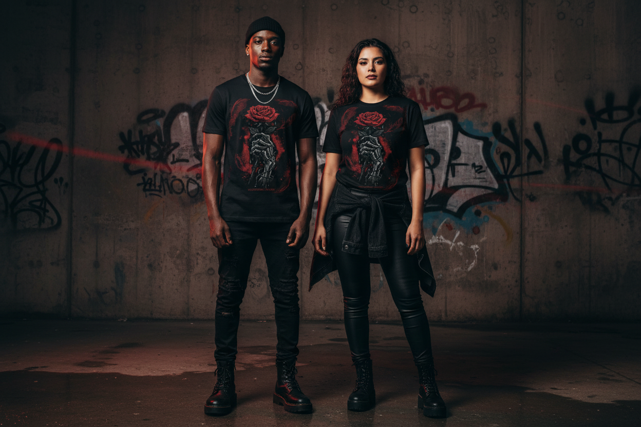 Unisex graphic T-shirt in black with red rose and blade figure print, crew neck