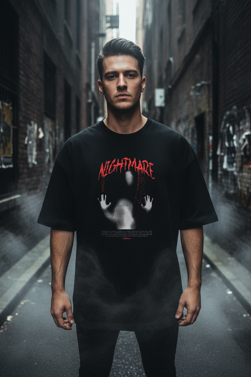Man wearing black Nightmare Graphic Tee in dark moody alley with fog and shadows