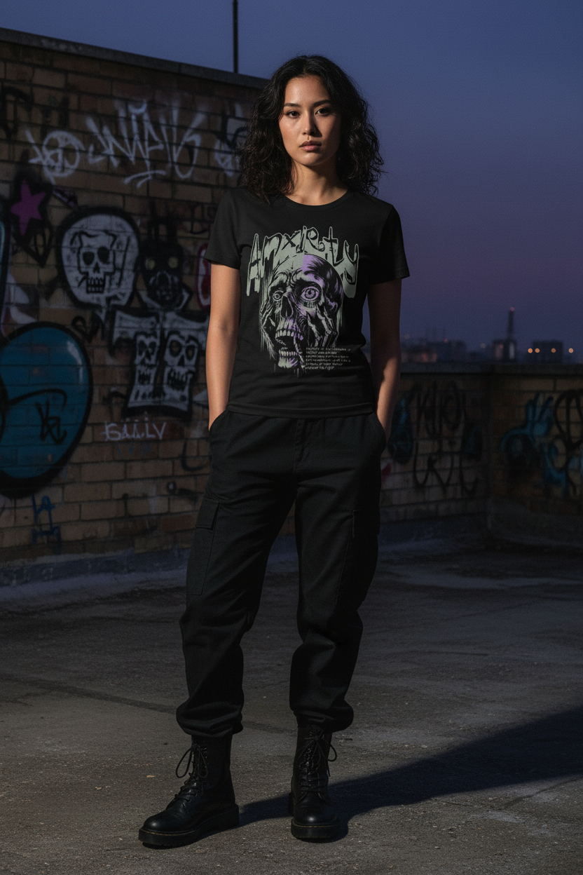 Woman wearing black Anxiety Graphic Tee against graffiti wall on moody rooftop