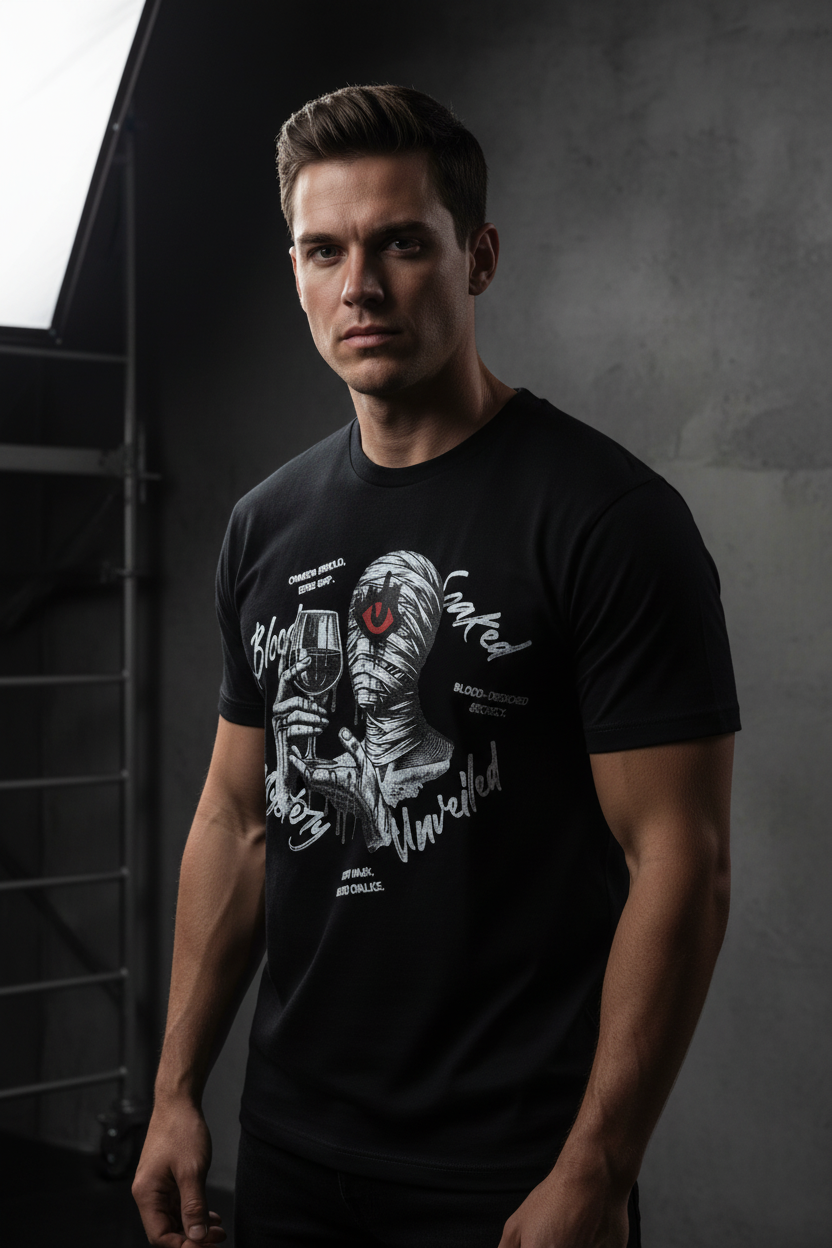 Man wearing black Crimson Eye Graphic Tee in moody studio with dramatic side lighting
