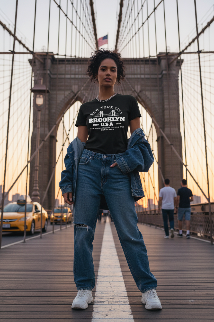 Woman wearing black Brooklyn Graphic Tee near the Brooklyn Bridge at golden hour