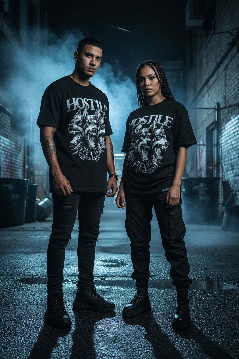 Man and woman wearing matching black Hostile Graphic Tees in dark gritty urban alley with cinematic lighting