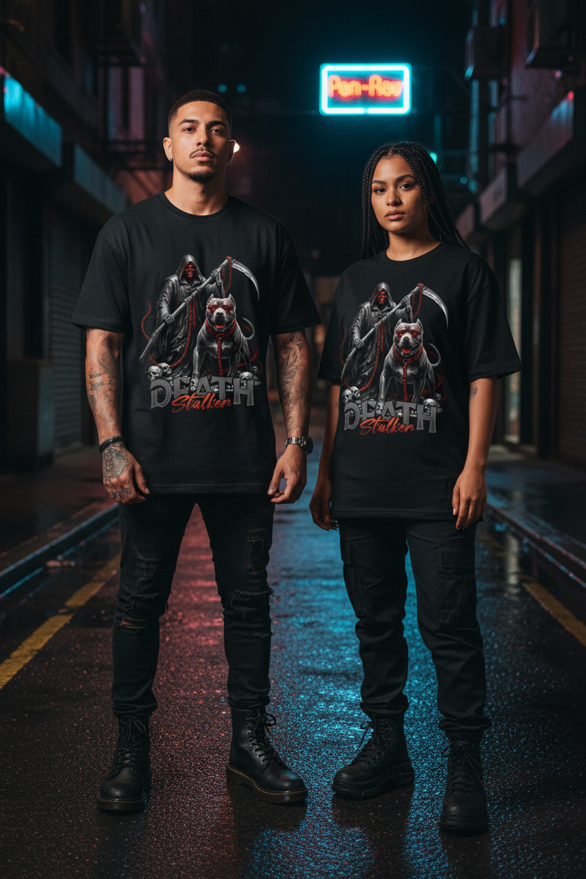 Man and woman wearing matching black Death Stalker Graphic Tees on gritty urban street at night