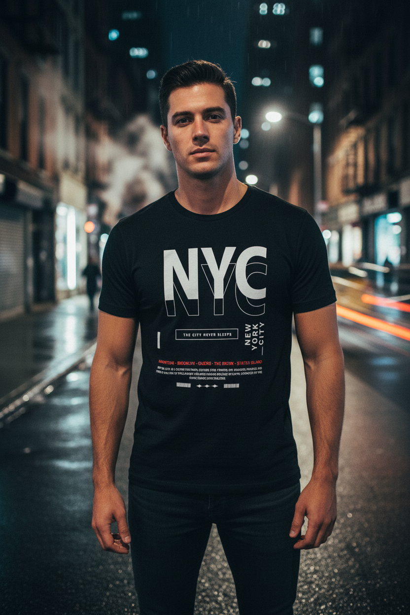 Man wearing black NYC Never Sleeps Graphic Tee on dark New York street with atmospheric lighting