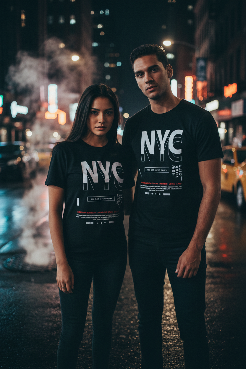Man and woman wearing matching black NYC Never Sleeps Graphic Tees on moody New York street with cinematic lighting