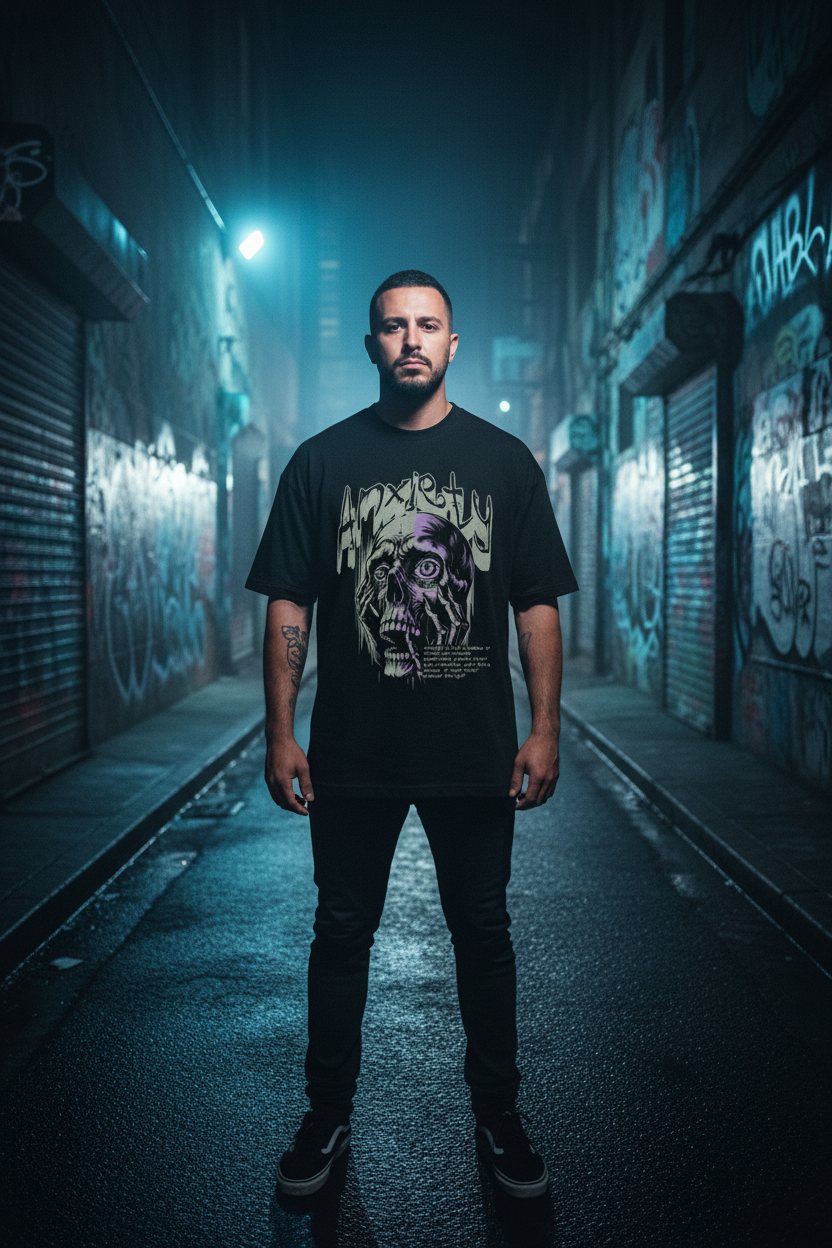 Man wearing black Anxiety Graphic Tee in dark urban alley